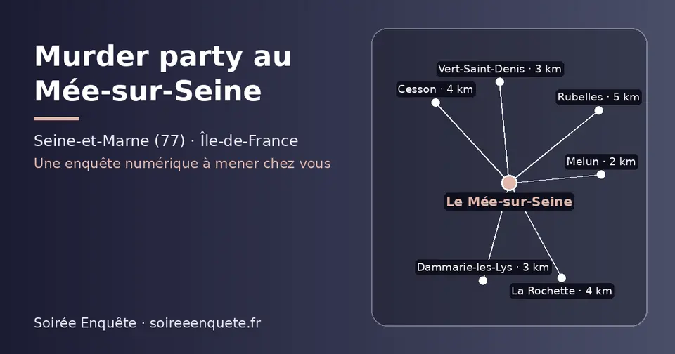 Carte schématique : Le Mée-sur-Seine et les communes voisines présentées sur ce site (Melun, Vert-Saint-Denis, Dammarie-les-Lys, La Rochette, Cesson, Rubelles)