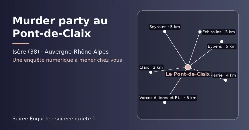 Carte schématique : Le Pont-de-Claix et les communes voisines présentées sur ce site (Échirolles, Claix, Jarrie, Varces-Allières-et-Risset, Seyssins, Eybens)