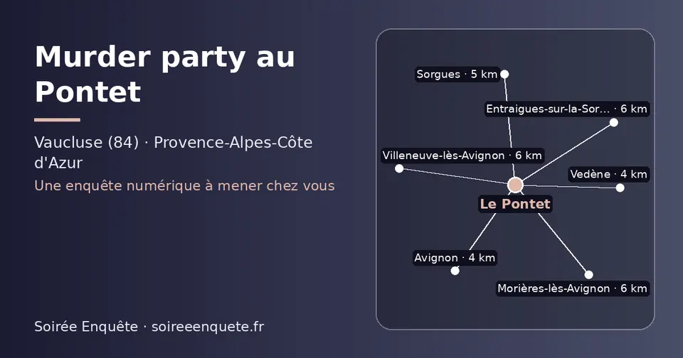 Carte schématique : Le Pontet et les communes voisines présentées sur ce site (Vedène, Avignon, Sorgues, Villeneuve-lès-Avignon, Morières-lès-Avignon, Entraigues-sur-la-Sorgue)
