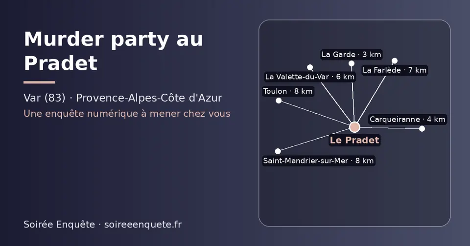Carte schématique : Le Pradet et les communes voisines présentées sur ce site (La Garde, Carqueiranne, La Valette-du-Var, La Farlède, Saint-Mandrier-sur-Mer, Toulon)