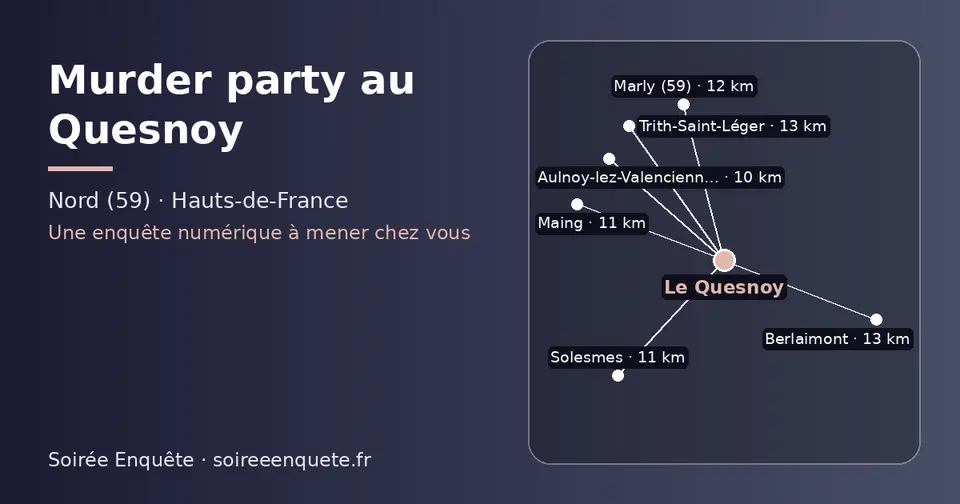 Carte schématique : Le Quesnoy et les communes voisines présentées sur ce site (Aulnoy-lez-Valenciennes, Maing, Solesmes, Marly (59), Berlaimont, Trith-Saint-Léger)