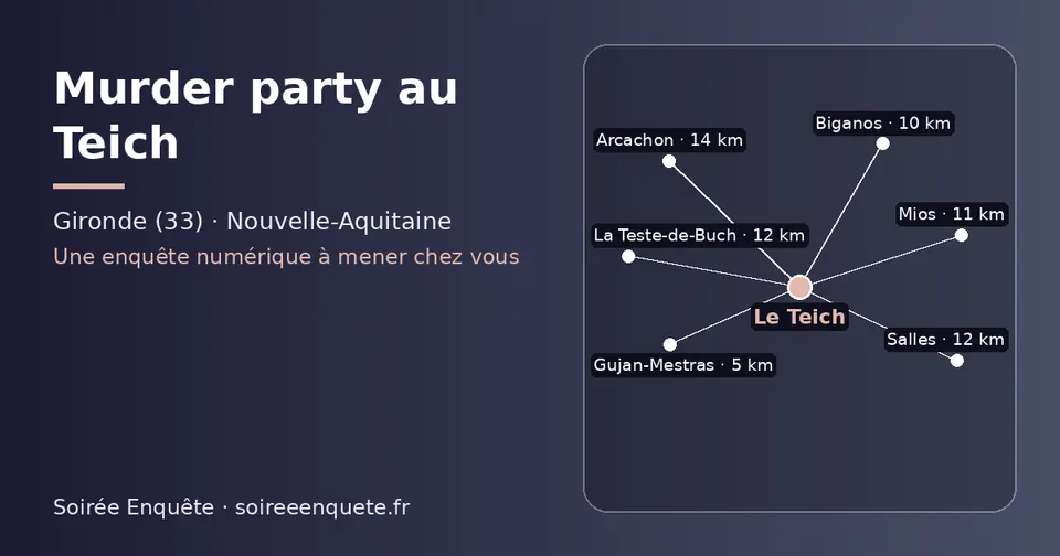 Carte schématique : Le Teich et les communes voisines présentées sur ce site (Gujan-Mestras, Biganos, Mios, Salles, La Teste-de-Buch, Arcachon)