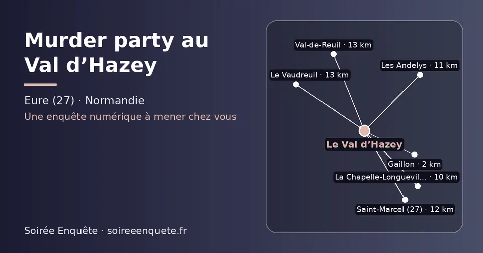 Carte schématique : Le Val d’Hazey et les communes voisines présentées sur ce site (Gaillon, La Chapelle-Longueville, Les Andelys, Saint-Marcel (27), Val-de-Reuil, Le Vaudreuil)