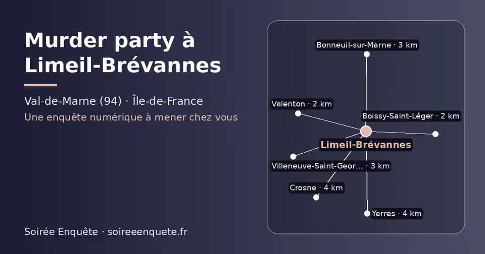 Carte schématique : Limeil-Brévannes et les communes voisines présentées sur ce site (Boissy-Saint-Léger, Valenton, Bonneuil-sur-Marne, Villeneuve-Saint-Georges, Crosne, Yerres)