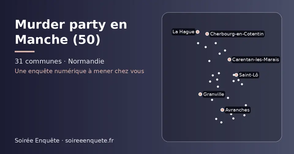 Carte schématique des 31 communes de la Manche présentées sur ce site