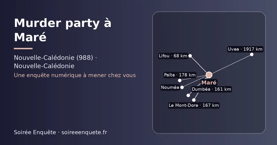 Carte schématique : Maré et les communes voisines présentées sur ce site (Lifou, Dumbéa, Le Mont-Dore, Païta, Nouméa, Uvea)