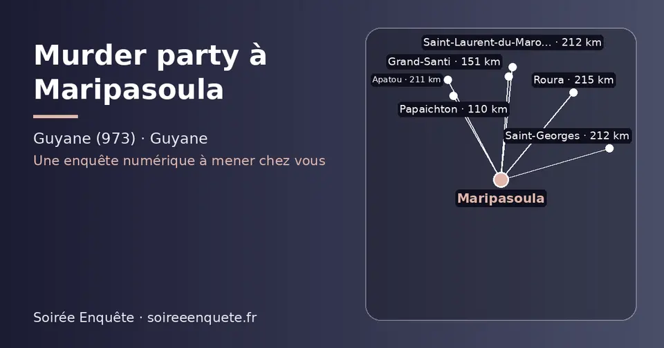 Carte schématique : Maripasoula et les communes voisines présentées sur ce site (Papaichton, Grand-Santi, Apatou, Saint-Georges, Saint-Laurent-du-Maroni, Roura)