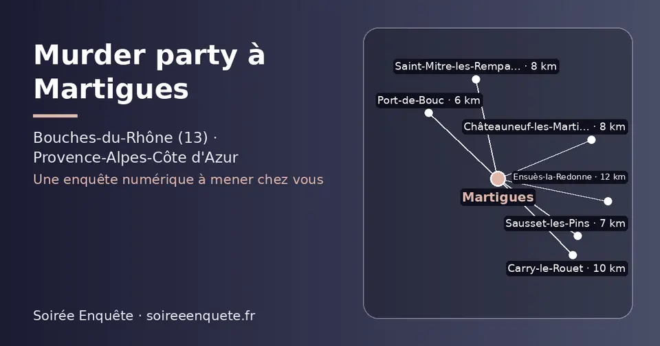 Carte schématique : Martigues et les communes voisines présentées sur ce site (Port-de-Bouc, Sausset-les-Pins, Châteauneuf-les-Martigues, Saint-Mitre-les-Remparts, Carry-le-Rouet, Ensuès-la-Redonne)