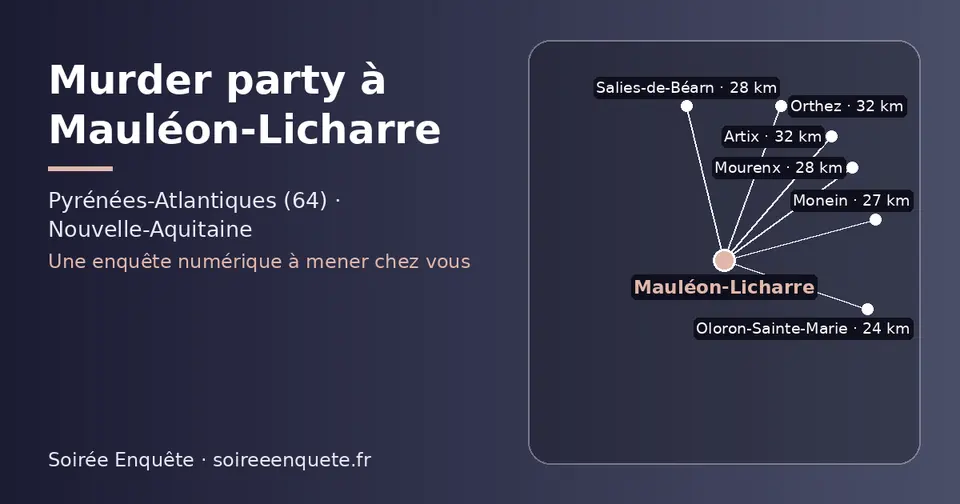 Carte schématique : Mauléon-Licharre et les communes voisines présentées sur ce site (Oloron-Sainte-Marie, Monein, Mourenx, Salies-de-Béarn, Orthez, Artix)