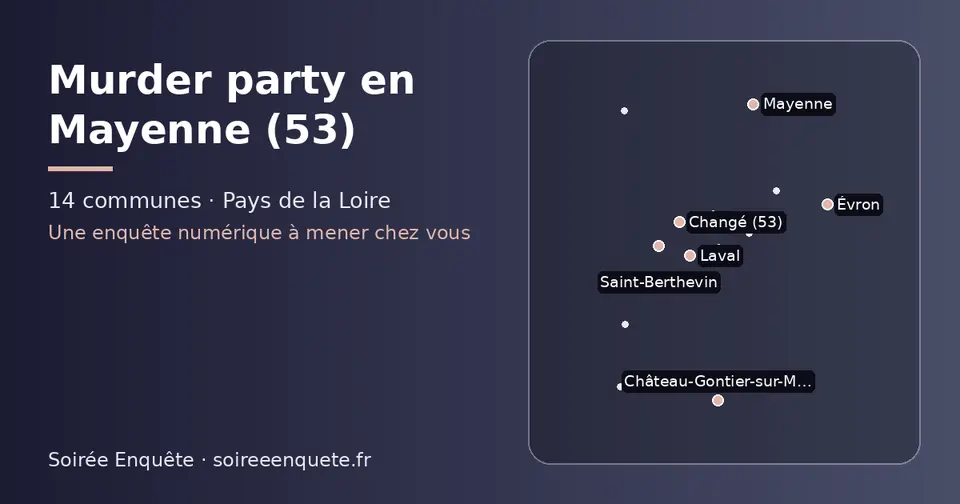 Carte schématique des 14 communes de la Mayenne présentées sur ce site