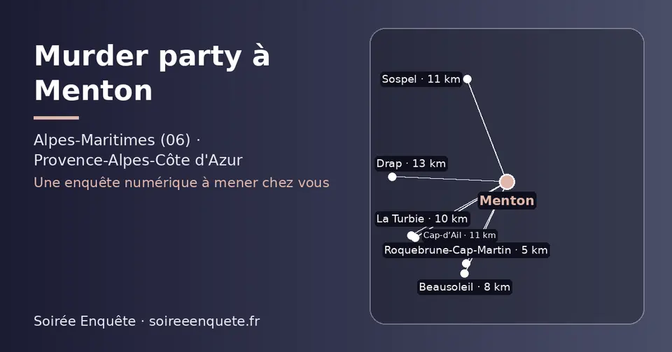 Carte schématique : Menton et les communes voisines présentées sur ce site (Roquebrune-Cap-Martin, Beausoleil, La Turbie, Sospel, Cap-d’Ail, Drap)