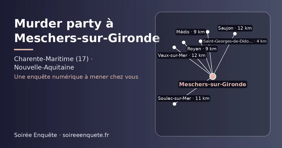 Carte schématique : Meschers-sur-Gironde et les communes voisines présentées sur ce site (Saint-Georges-de-Didonne, Médis, Royan, Soulac-sur-Mer, Vaux-sur-Mer, Saujon)