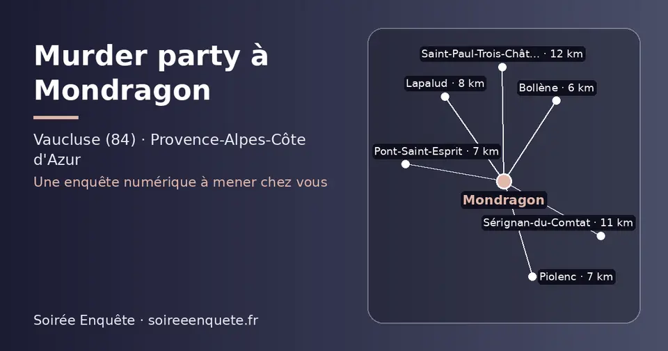 Carte schématique : Mondragon et les communes voisines présentées sur ce site (Bollène, Piolenc, Pont-Saint-Esprit, Lapalud, Sérignan-du-Comtat, Saint-Paul-Trois-Châteaux)
