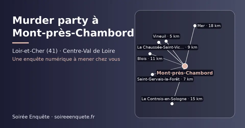 Carte schématique : Mont-près-Chambord et les communes voisines présentées sur ce site (Vineuil, Saint-Gervais-la-Forêt, La Chaussée-Saint-Victor, Blois, Le Controis-en-Sologne, Mer)
