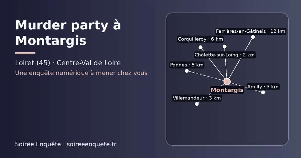 Carte schématique : Montargis et les communes voisines présentées sur ce site (Châlette-sur-Loing, Amilly, Villemandeur, Pannes, Corquilleroy, Ferrières-en-Gâtinais)