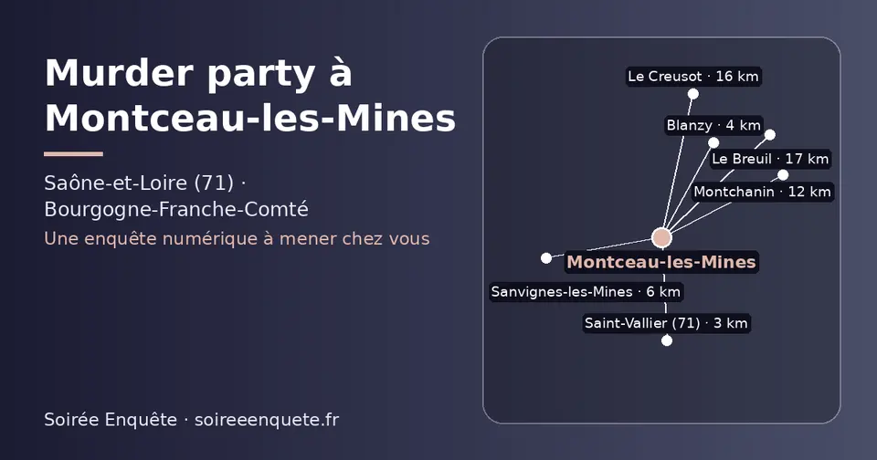 Carte schématique : Montceau-les-Mines et les communes voisines présentées sur ce site (Saint-Vallier (71), Blanzy, Sanvignes-les-Mines, Montchanin, Le Creusot, Le Breuil)