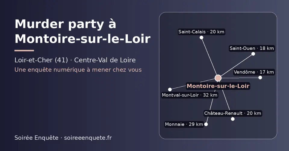 Carte schématique : Montoire-sur-le-Loir et les communes voisines présentées sur ce site (Vendôme, Saint-Ouen, Château-Renault, Saint-Calais, Monnaie, Montval-sur-Loir)
