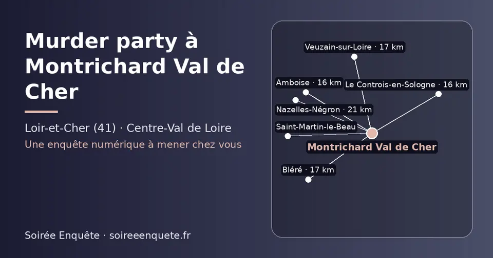 Carte schématique : Montrichard Val de Cher et les communes voisines présentées sur ce site (Amboise, Le Controis-en-Sologne, Veuzain-sur-Loire, Bléré, Nazelles-Négron, Saint-Martin-le-Beau)