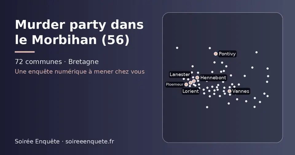 Carte schématique des 72 communes du Morbihan présentées sur ce site