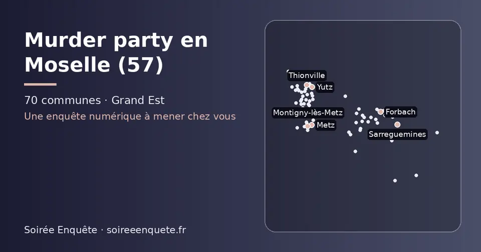 Carte schématique des 70 communes de la Moselle présentées sur ce site