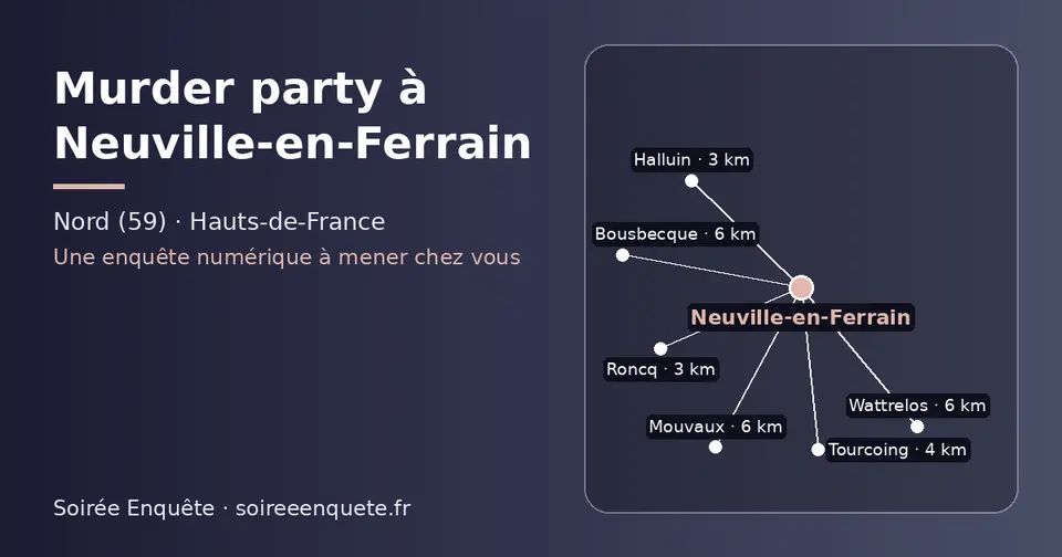 Carte schématique : Neuville-en-Ferrain et les communes voisines présentées sur ce site (Halluin, Roncq, Tourcoing, Bousbecque, Mouvaux, Wattrelos)
