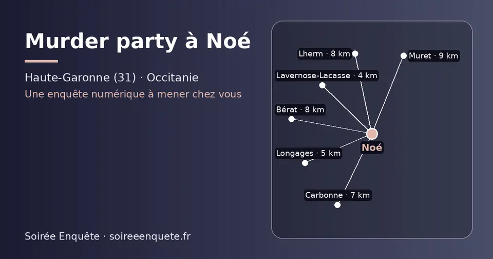 Carte schématique : Noé et les communes voisines présentées sur ce site (Lavernose-Lacasse, Longages, Carbonne, Lherm, Bérat, Muret)