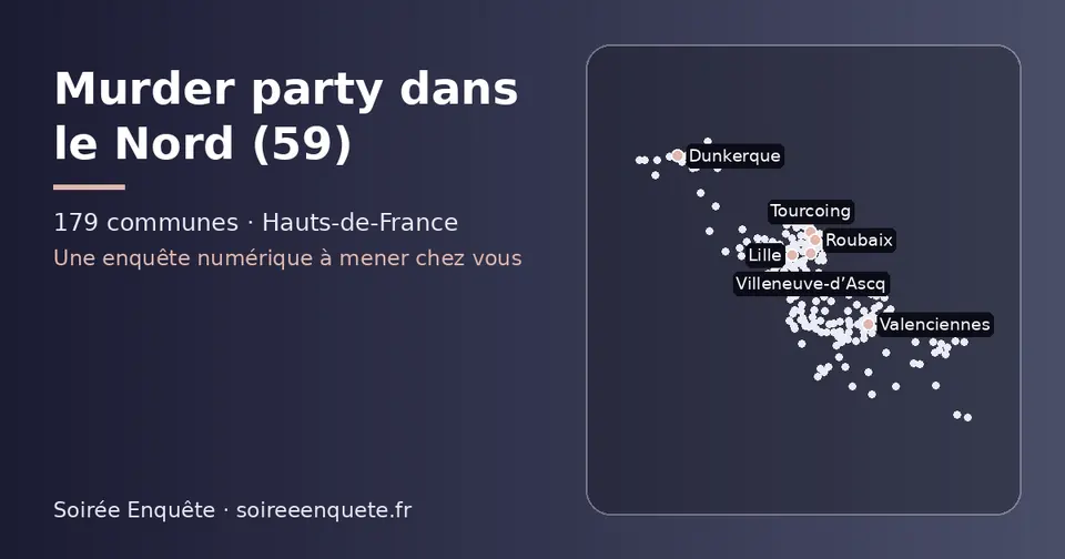 Carte schématique des 179 communes du Nord présentées sur ce site