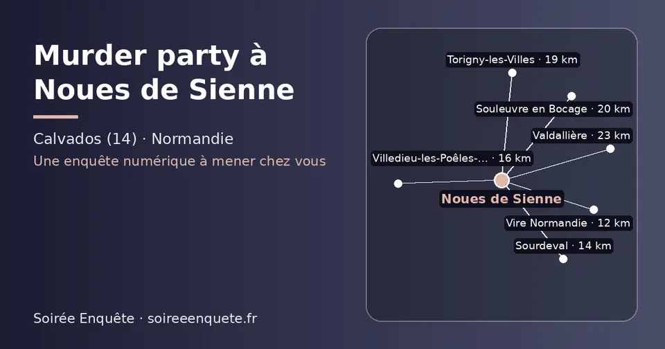 Carte schématique : Noues de Sienne et les communes voisines présentées sur ce site (Vire Normandie, Sourdeval, Villedieu-les-Poêles-Rouffigny, Torigny-les-Villes, Souleuvre en Bocage, Valdallière)