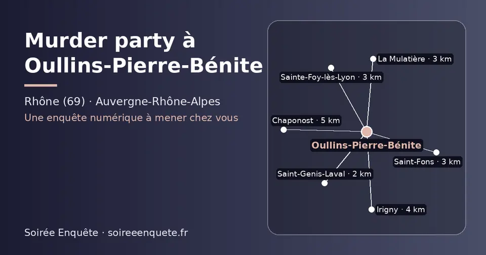 Carte schématique : Oullins-Pierre-Bénite et les communes voisines présentées sur ce site (Saint-Genis-Laval, La Mulatière, Saint-Fons, Sainte-Foy-lès-Lyon, Irigny, Chaponost)