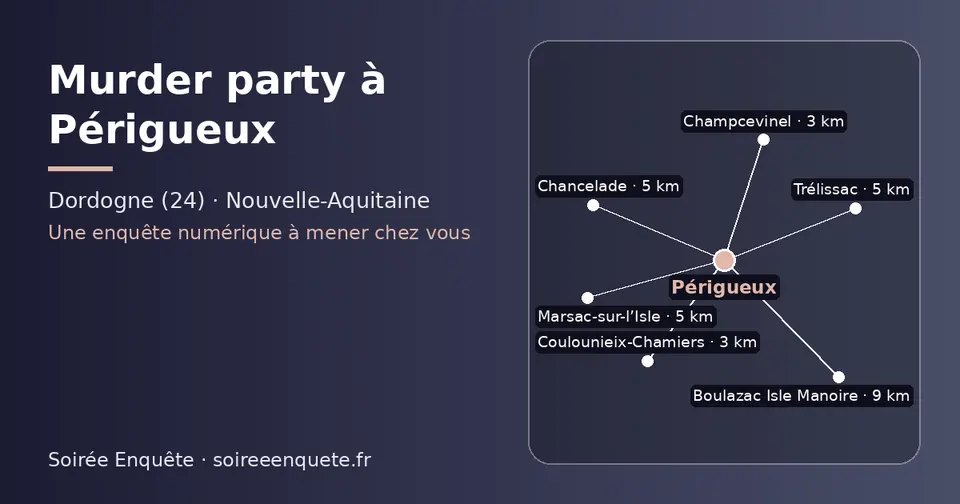 Carte schématique : Périgueux et les communes voisines présentées sur ce site (Champcevinel, Coulounieix-Chamiers, Chancelade, Marsac-sur-l’Isle, Trélissac, Boulazac Isle Manoire)