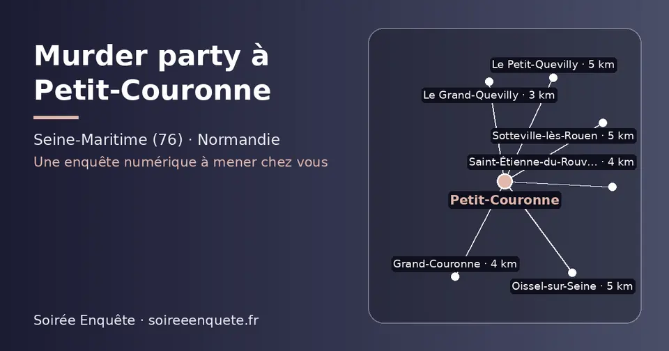 Carte schématique : Petit-Couronne et les communes voisines présentées sur ce site (Le Grand-Quevilly, Grand-Couronne, Saint-Étienne-du-Rouvray, Le Petit-Quevilly, Oissel-sur-Seine, Sotteville-lès-Rouen)