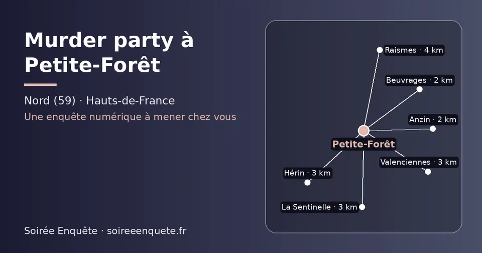 Carte schématique : Petite-Forêt et les communes voisines présentées sur ce site (Beuvrages, Anzin, Hérin, La Sentinelle, Valenciennes, Raismes)