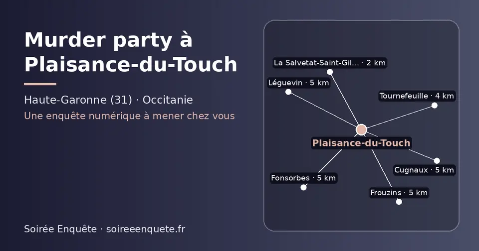 Carte schématique : Plaisance-du-Touch et les communes voisines présentées sur ce site (La Salvetat-Saint-Gilles, Tournefeuille, Fonsorbes, Frouzins, Léguevin, Cugnaux)