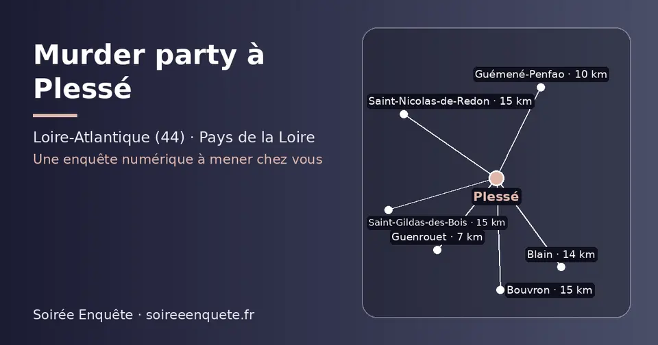 Carte schématique : Plessé et les communes voisines présentées sur ce site (Guenrouet, Guémené-Penfao, Blain, Saint-Gildas-des-Bois, Bouvron, Saint-Nicolas-de-Redon)