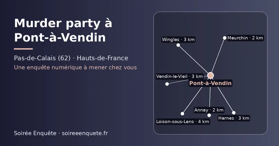Carte schématique : Pont-à-Vendin et les communes voisines présentées sur ce site (Annay, Meurchin, Vendin-le-Vieil, Wingles, Harnes, Loison-sous-Lens)