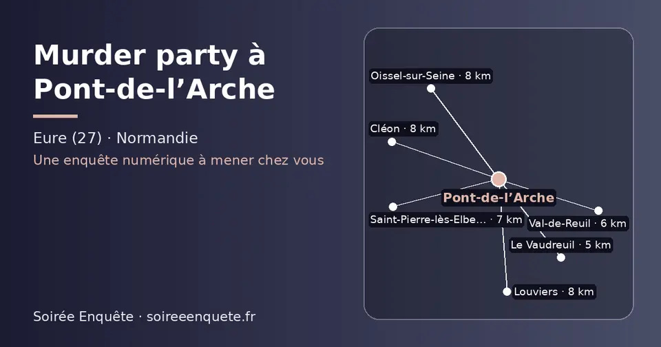 Carte schématique : Pont-de-l’Arche et les communes voisines présentées sur ce site (Le Vaudreuil, Val-de-Reuil, Saint-Pierre-lès-Elbeuf, Louviers, Oissel-sur-Seine, Cléon)