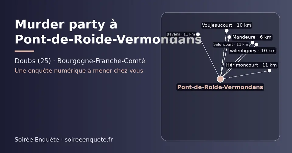 Carte schématique : Pont-de-Roide-Vermondans et les communes voisines présentées sur ce site (Mandeure, Valentigney, Voujeaucourt, Hérimoncourt, Seloncourt, Bavans)