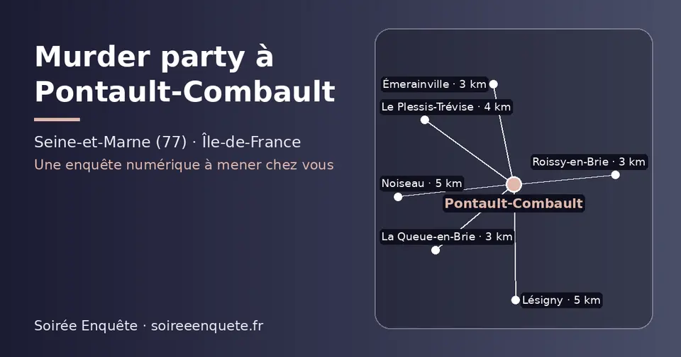 Carte schématique : Pontault-Combault et les communes voisines présentées sur ce site (La Queue-en-Brie, Émerainville, Roissy-en-Brie, Le Plessis-Trévise, Lésigny, Noiseau)
