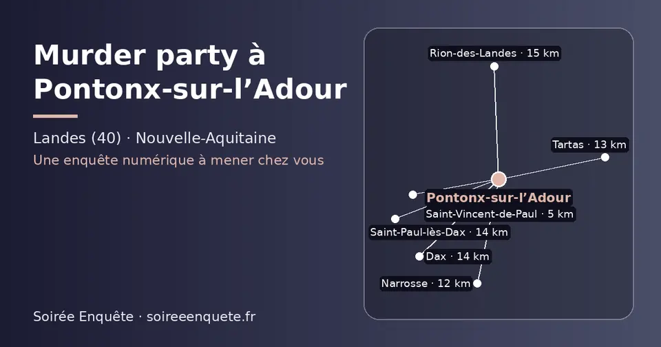 Carte schématique : Pontonx-sur-l’Adour et les communes voisines présentées sur ce site (Saint-Vincent-de-Paul, Narrosse, Tartas, Saint-Paul-lès-Dax, Dax, Rion-des-Landes)