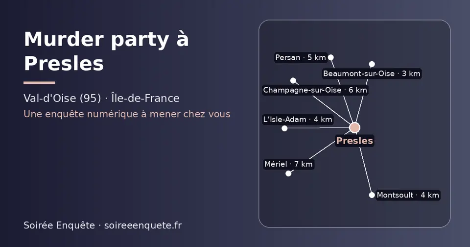 Carte schématique : Presles et les communes voisines présentées sur ce site (Beaumont-sur-Oise, L’Isle-Adam, Montsoult, Persan, Champagne-sur-Oise, Mériel)