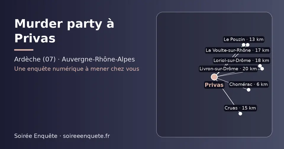 Carte schématique : Privas et les communes voisines présentées sur ce site (Chomérac, Le Pouzin, Cruas, La Voulte-sur-Rhône, Loriol-sur-Drôme, Livron-sur-Drôme)
