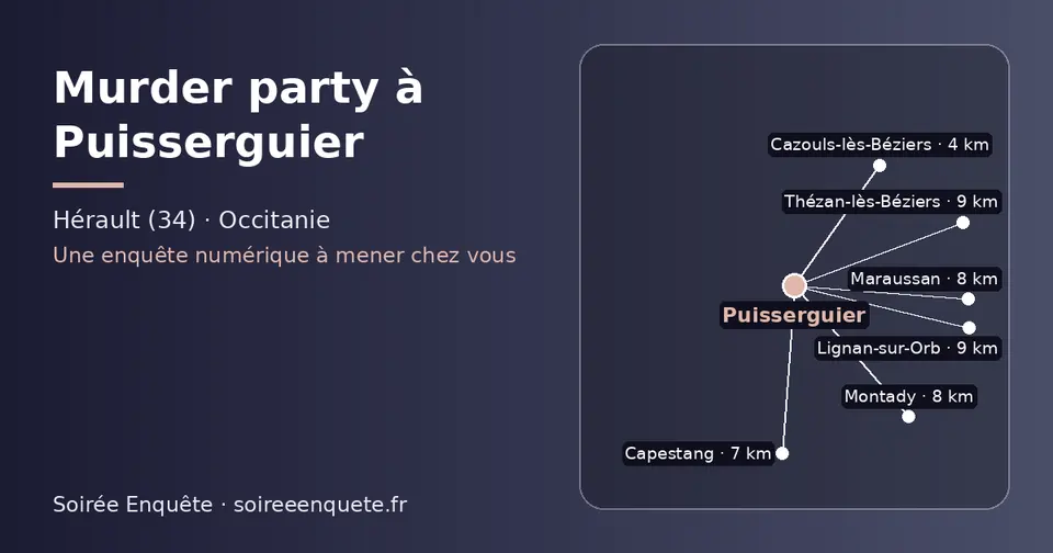 Carte schématique : Puisserguier et les communes voisines présentées sur ce site (Cazouls-lès-Béziers, Capestang, Montady, Maraussan, Thézan-lès-Béziers, Lignan-sur-Orb)