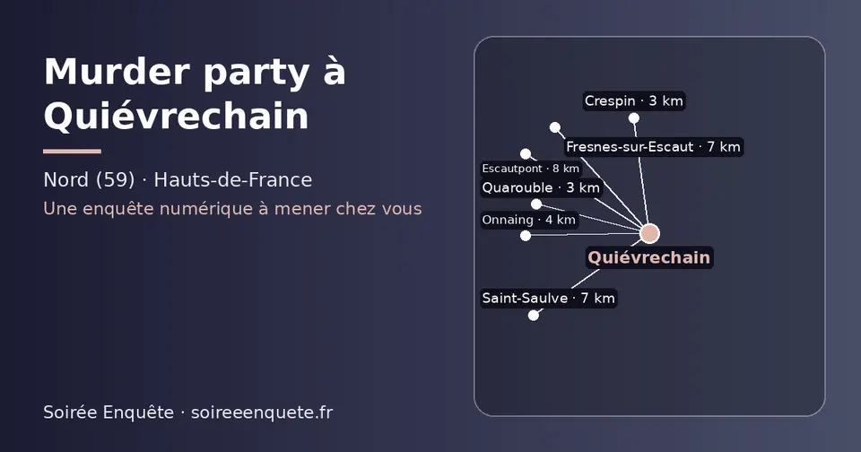 Carte schématique : Quiévrechain et les communes voisines présentées sur ce site (Quarouble, Crespin, Onnaing, Saint-Saulve, Fresnes-sur-Escaut, Escautpont)