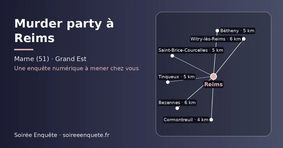 Carte schématique : Reims et les communes voisines présentées sur ce site (Cormontreuil, Tinqueux, Bétheny, Saint-Brice-Courcelles, Bezannes, Witry-lès-Reims)