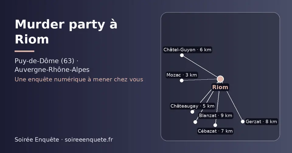 Carte schématique : Riom et les communes voisines présentées sur ce site (Mozac, Châteaugay, Châtel-Guyon, Cébazat, Gerzat, Blanzat)