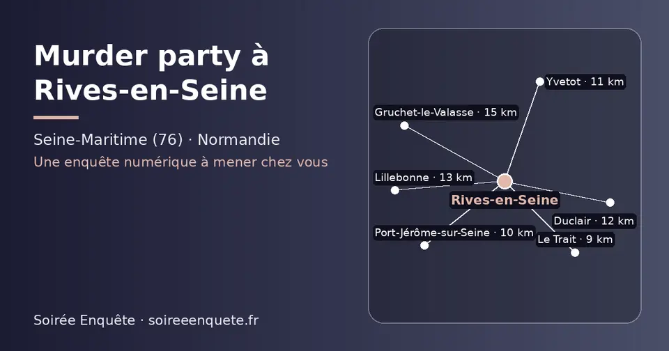 Carte schématique : Rives-en-Seine et les communes voisines présentées sur ce site (Le Trait, Port-Jérôme-sur-Seine, Yvetot, Duclair, Lillebonne, Gruchet-le-Valasse)