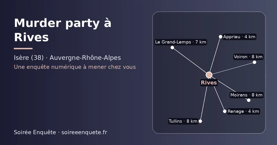 Carte schématique : Rives et les communes voisines présentées sur ce site (Renage, Apprieu, Le Grand-Lemps, Tullins, Moirans, Voiron)