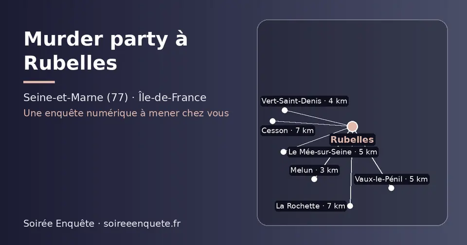 Carte schématique : Rubelles et les communes voisines présentées sur ce site (Melun, Vert-Saint-Denis, Le Mée-sur-Seine, Vaux-le-Pénil, Cesson, La Rochette)