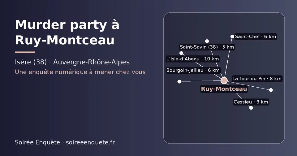 Carte schématique : Ruy-Montceau et les communes voisines présentées sur ce site (Cessieu, Saint-Savin (38), Saint-Chef, Bourgoin-Jallieu, La Tour-du-Pin, L’Isle-d’Abeau)