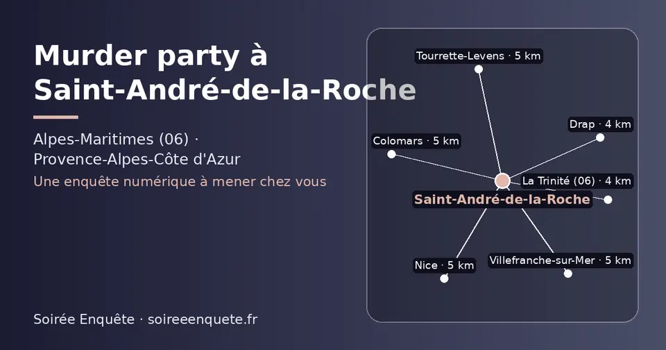 Carte schématique : Saint-André-de-la-Roche et les communes voisines présentées sur ce site (La Trinité (06), Drap, Tourrette-Levens, Villefranche-sur-Mer, Nice, Colomars)